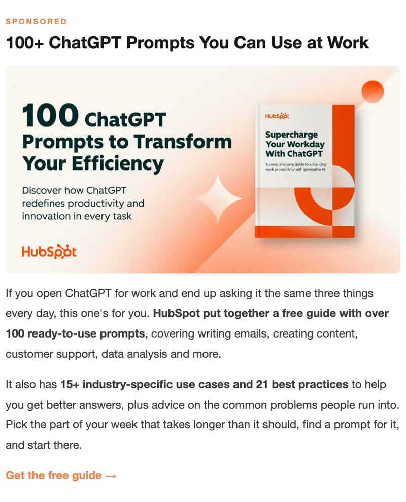 HubSpot's sponsored section in the Maverick AI Newsletter