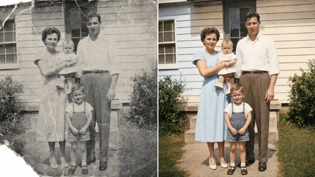 Old damaged family photo restored and colorized side by side