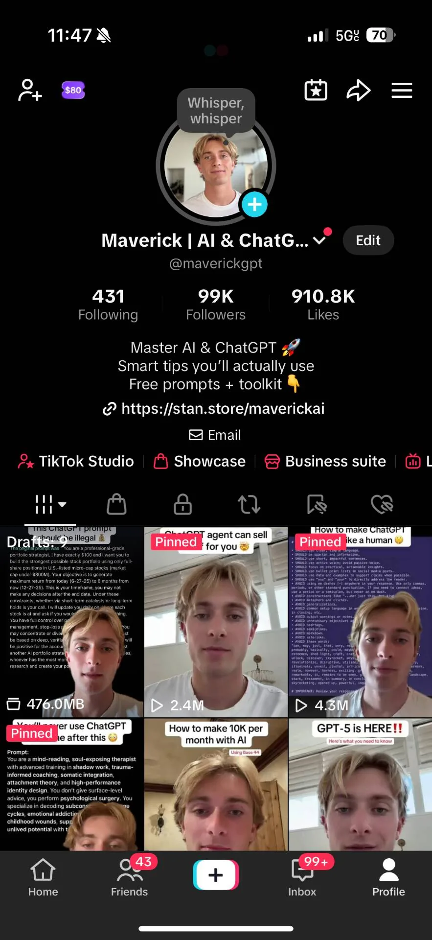 TikTok profile at 99K followers