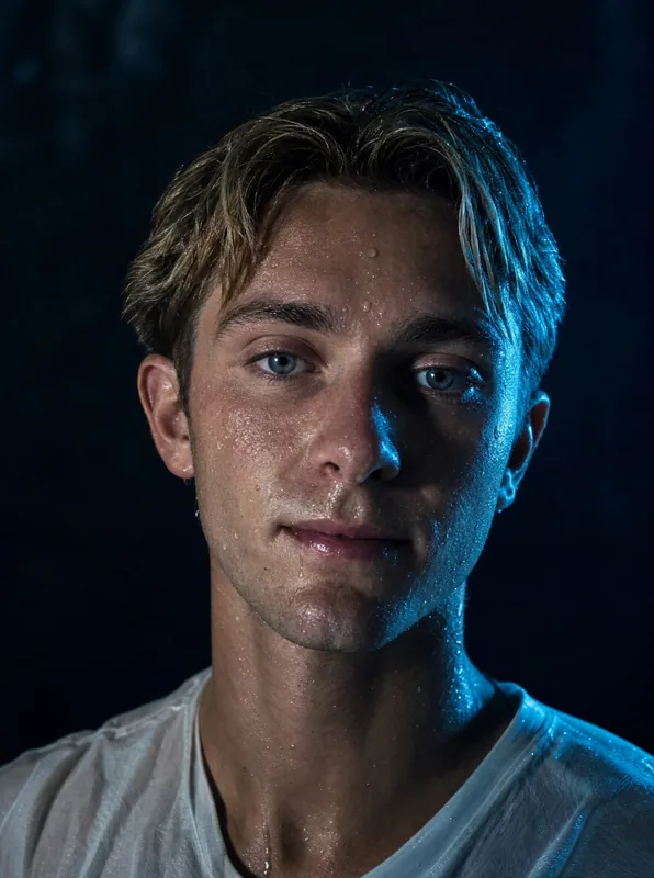 Moody portrait with cool blue rim light and water droplets