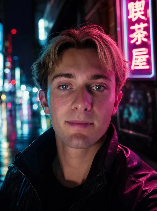 Neon-noir portrait lit by magenta and teal signage
