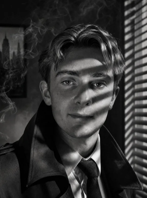 Film noir portrait with striped shadows from window blinds