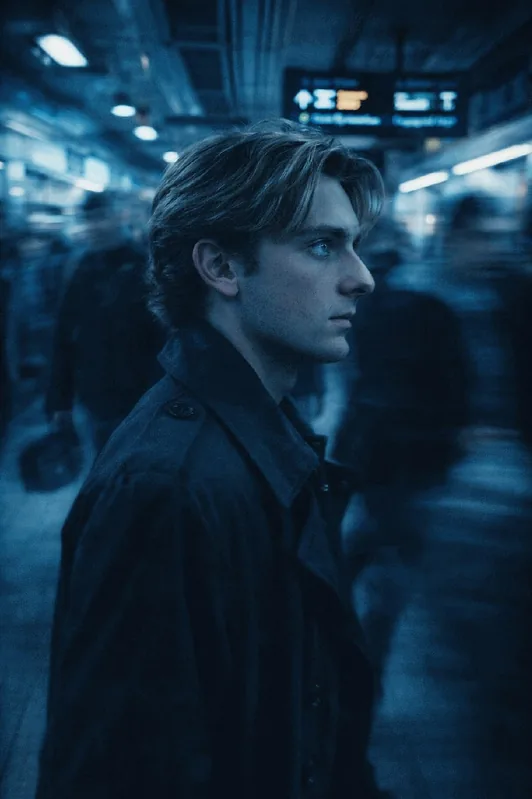 Profile shot in a metro station with motion-blurred crowd