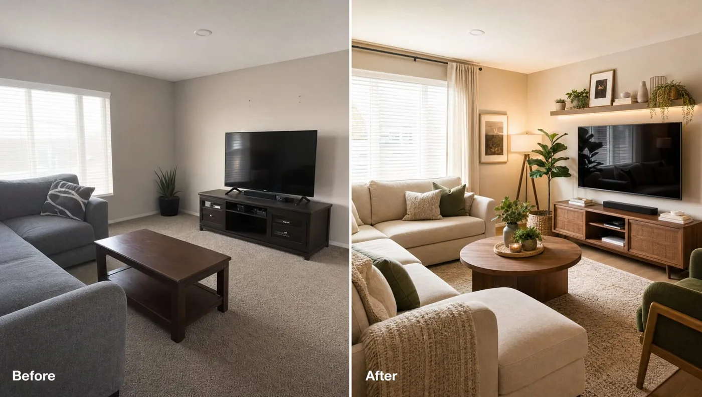 Before and after: same layout, warmed up with new furniture, lighting, and decor.