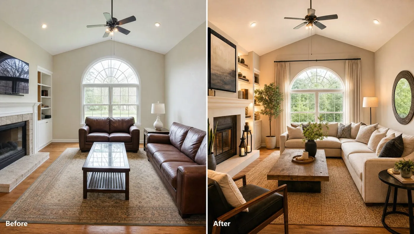 Before and after: the room's bones stay, the whole feel changes.
